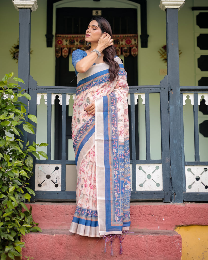 Pure Cotton Linen Saree with Blue Floral Border and Pink Leaf Design with Tassels on Edges LINEN