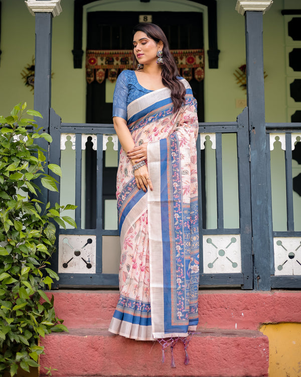 Pure Cotton Linen Saree with Blue Floral Border and Pink Leaf Design with Tassels on Edges LINEN