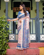 Load image into Gallery viewer, Pure Cotton Linen Saree with Blue Floral Border and Pink Leaf Design with Tassels on Edges LINEN