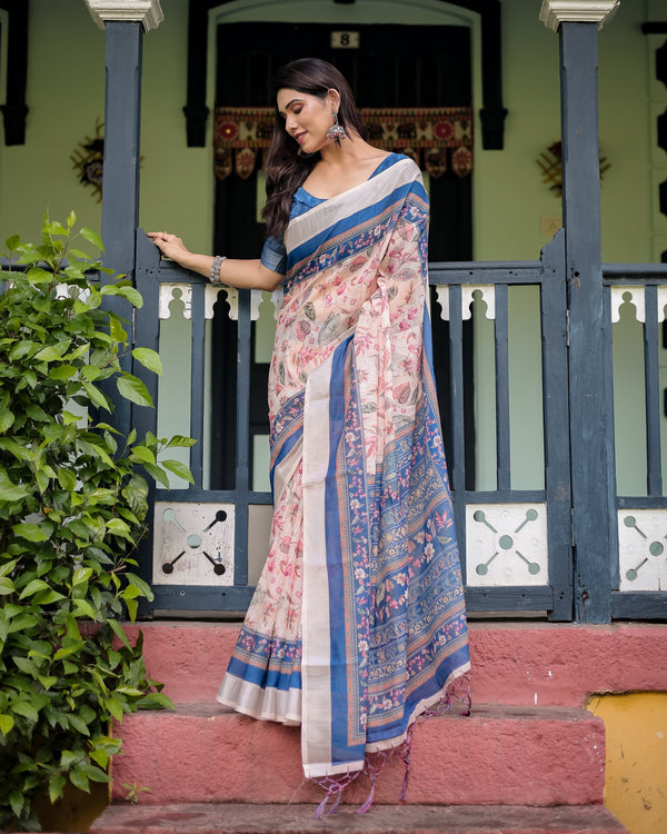Pure Cotton Linen Saree with Blue Floral Border and Pink Leaf Design with Tassels on Edges LINEN