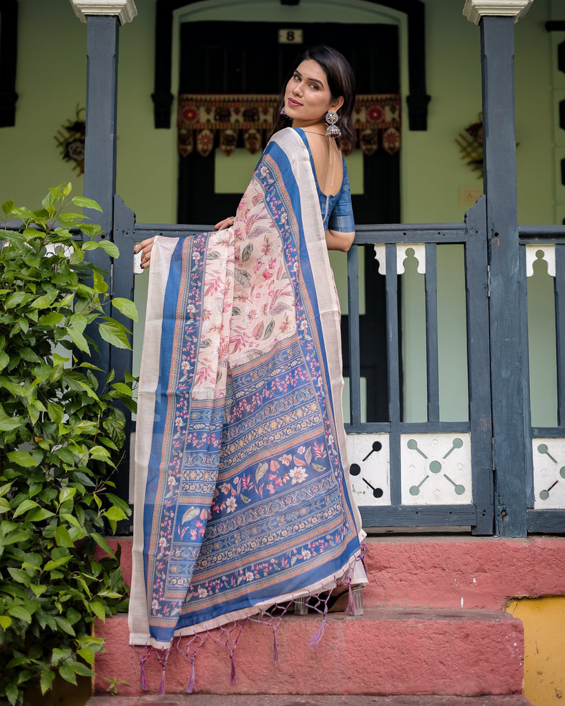 Pure Cotton Linen Saree with Blue Floral Border and Pink Leaf Design with Tassels on Edges LINEN