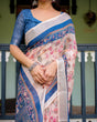 Load image into Gallery viewer, Pure Cotton Linen Saree with Blue Floral Border and Pink Leaf Design with Tassels on Edges LINEN