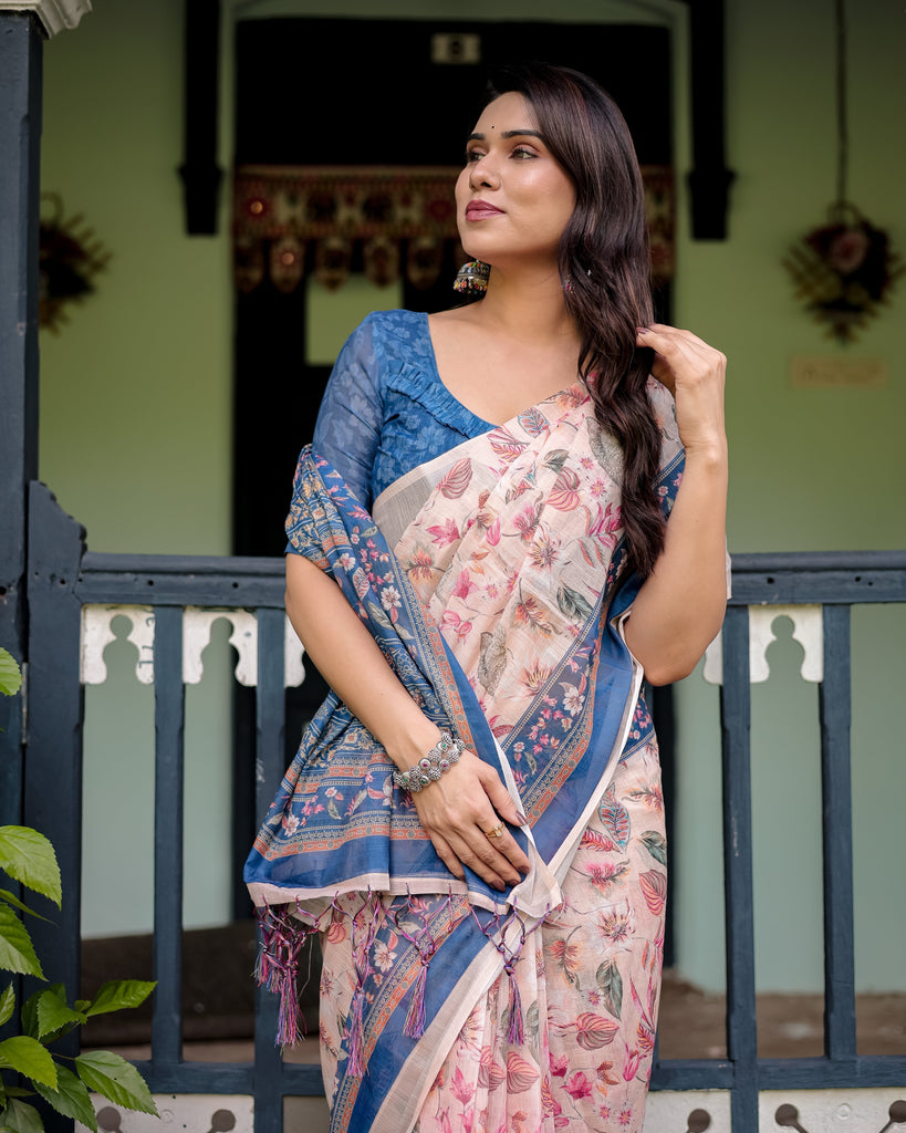 Pure Cotton Linen Saree with Blue Floral Border and Pink Leaf Design with Tassels on Edges LINEN
