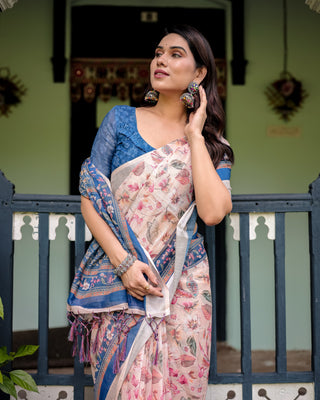 Pure Cotton Linen Saree with Blue Floral Border and Pink Leaf Design with Tassels on Edges LINEN