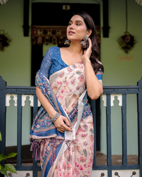 Pure Cotton Linen Saree with Blue Floral Border and Pink Leaf Design with Tassels on Edges LINEN