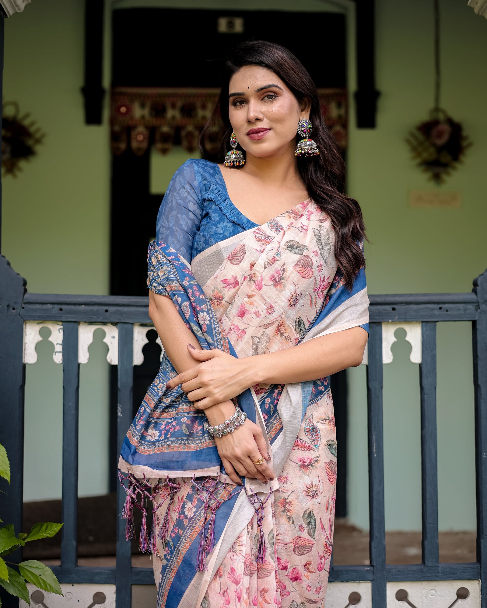 Pure Cotton Linen Saree with Blue Floral Border and Pink Leaf Design with Tassels on Edges LINEN