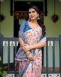 Load image into Gallery viewer, Pure Cotton Linen Saree with Blue Floral Border and Pink Leaf Design with Tassels on Edges LINEN