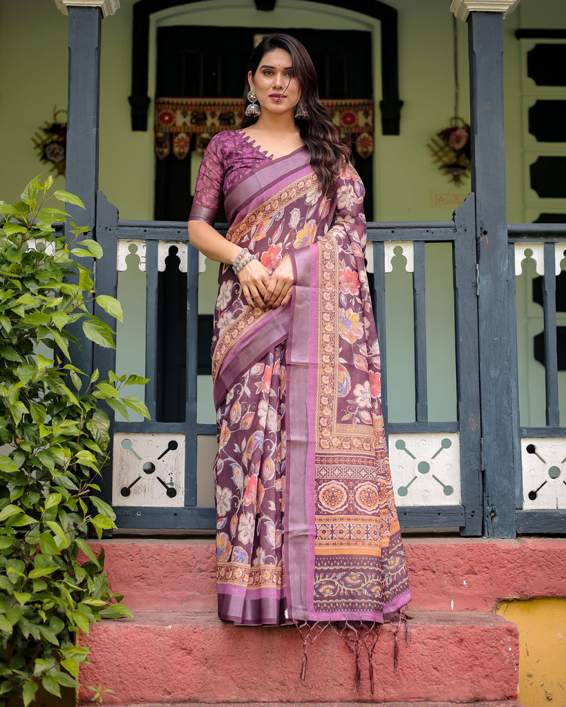 Purple Floral Printed Pure Cotton Linen Saree with Blouse and Tassels LINEN