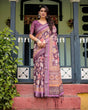Load image into Gallery viewer, Purple Floral Printed Pure Cotton Linen Saree with Blouse and Tassels LINEN