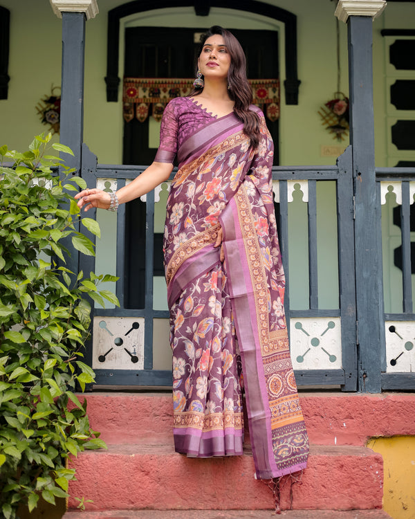 Purple Floral Printed Pure Cotton Linen Saree with Blouse and Tassels LINEN