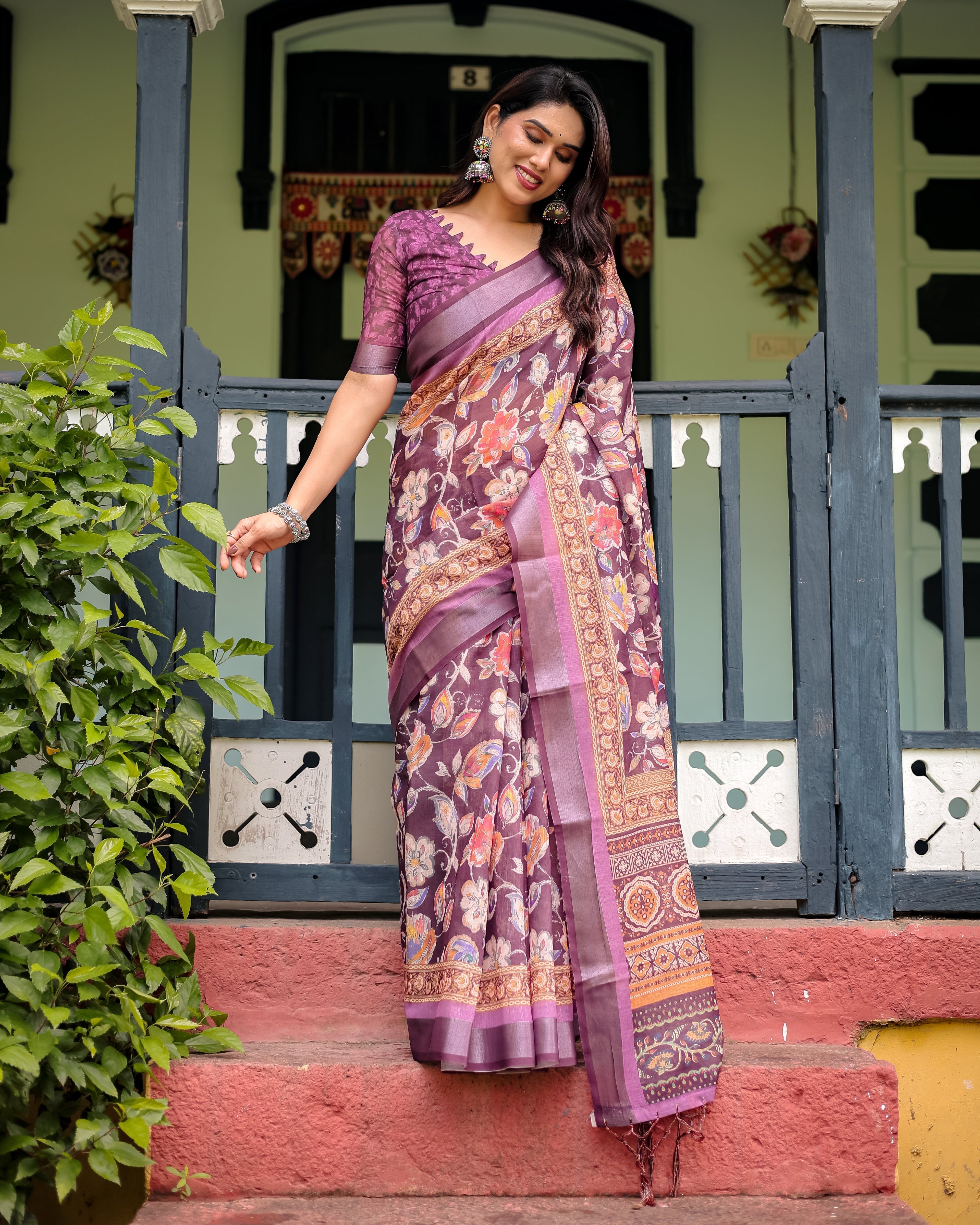 Purple Floral Printed Pure Cotton Linen Saree with Blouse and Tassels LINEN