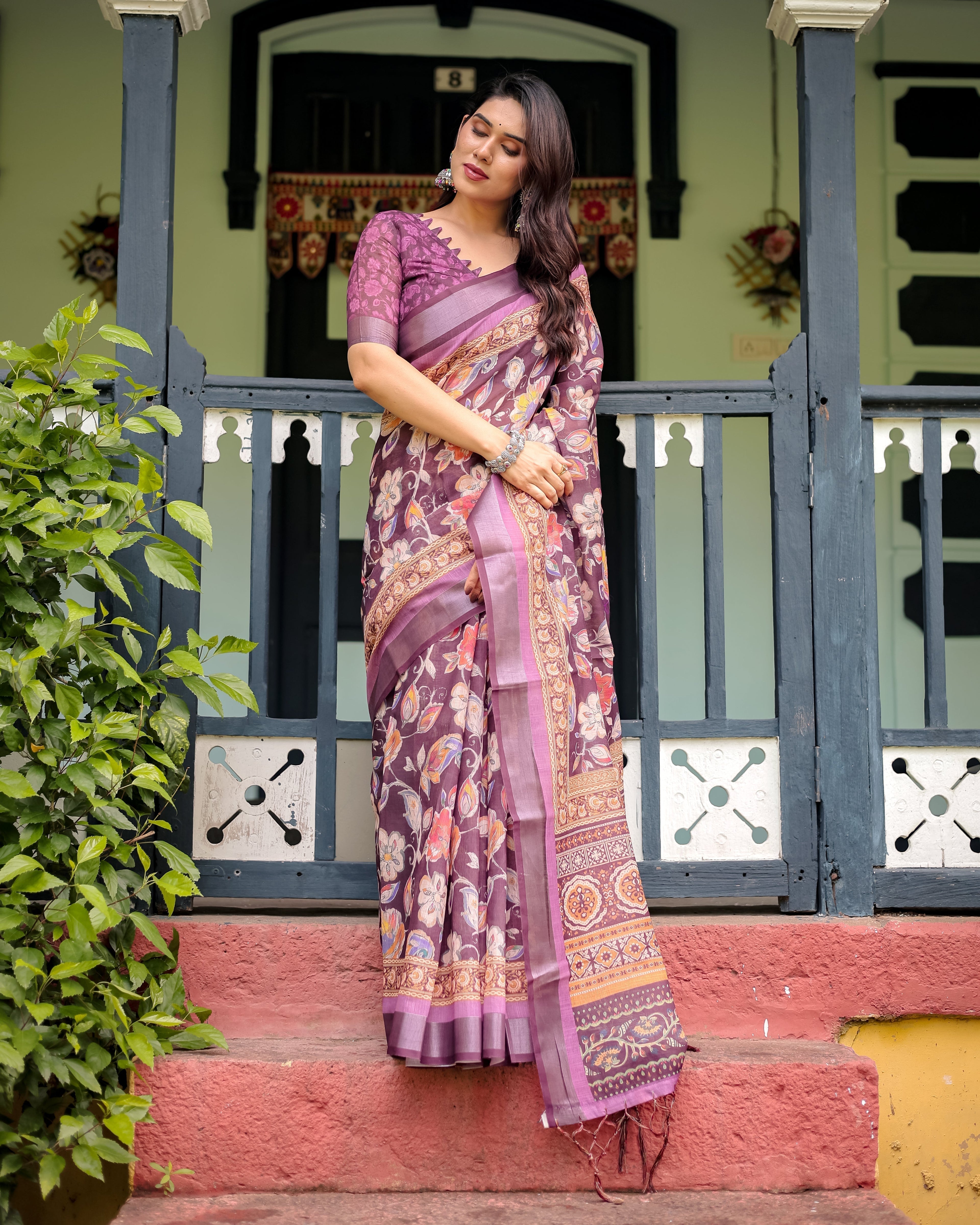 Purple Floral Printed Pure Cotton Linen Saree with Blouse and Tassels LINEN