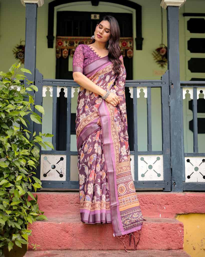 Purple Floral Printed Pure Cotton Linen Saree with Blouse and Tassels LINEN