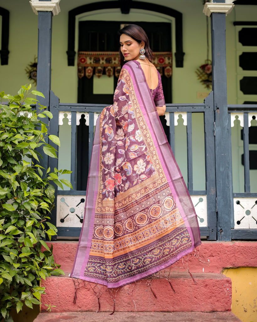 Purple Floral Printed Pure Cotton Linen Saree with Blouse and Tassels LINEN