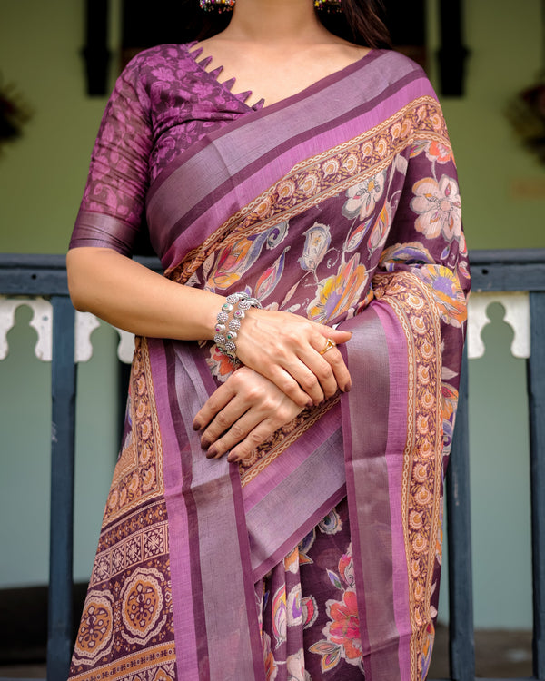 Purple Floral Printed Pure Cotton Linen Saree with Blouse and Tassels LINEN