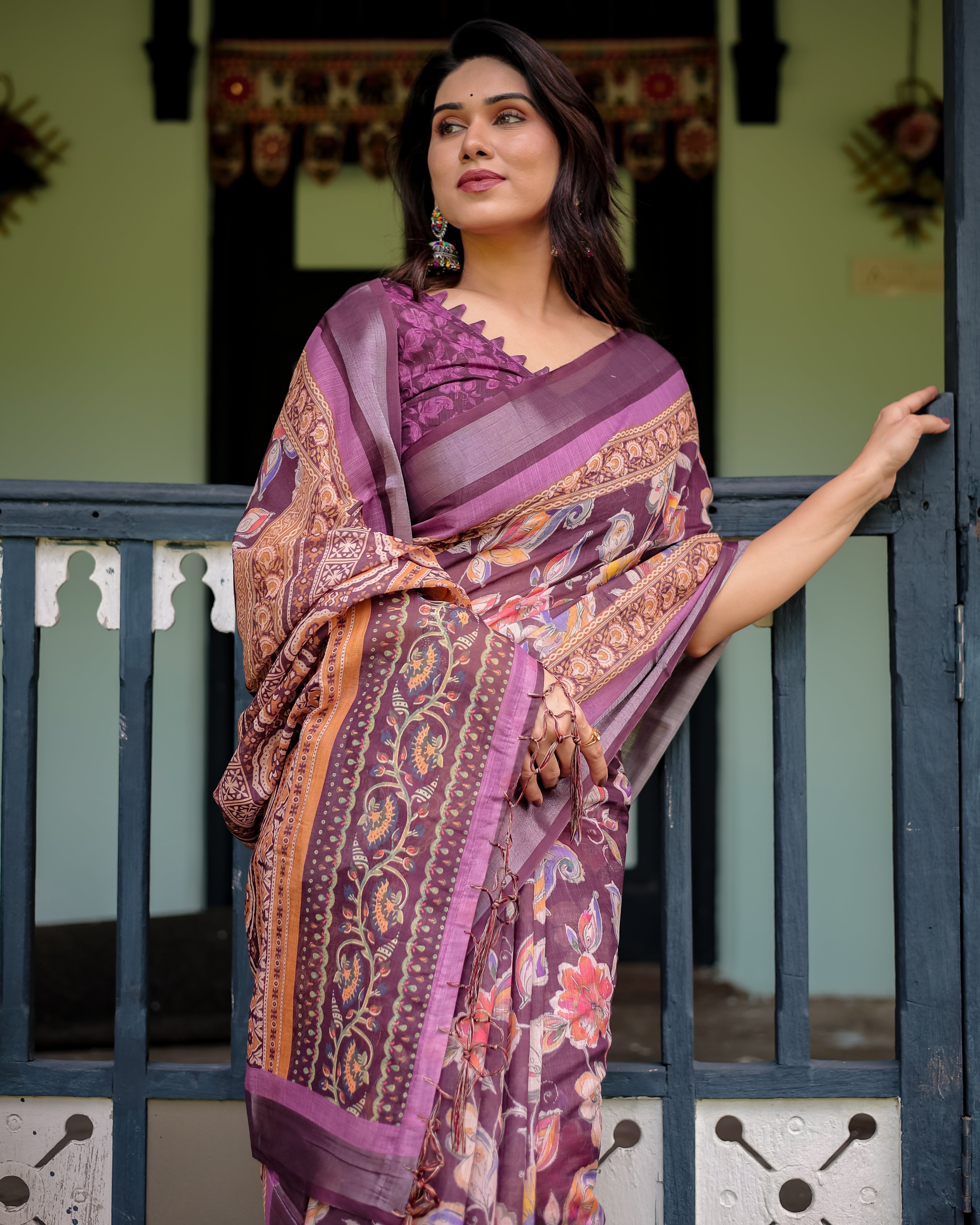 Purple Floral Printed Pure Cotton Linen Saree with Blouse and Tassels LINEN
