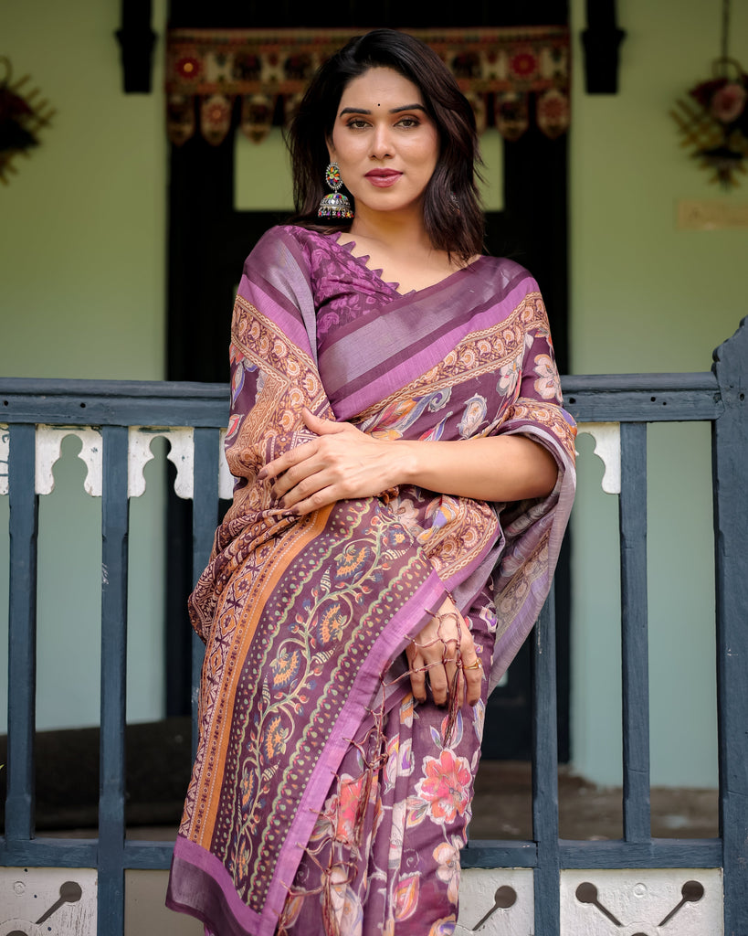 Purple Floral Printed Pure Cotton Linen Saree with Blouse and Tassels LINEN