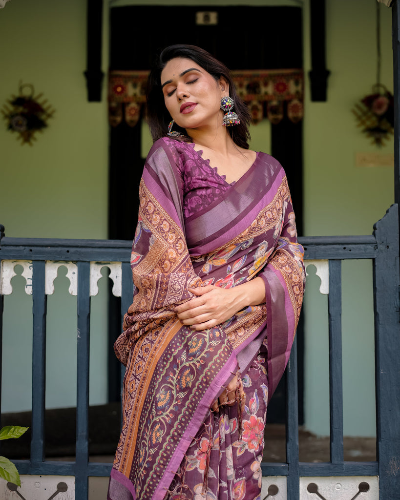 Purple Floral Printed Pure Cotton Linen Saree with Blouse and Tassels LINEN