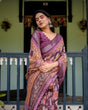 Load image into Gallery viewer, Purple Floral Printed Pure Cotton Linen Saree with Blouse and Tassels LINEN