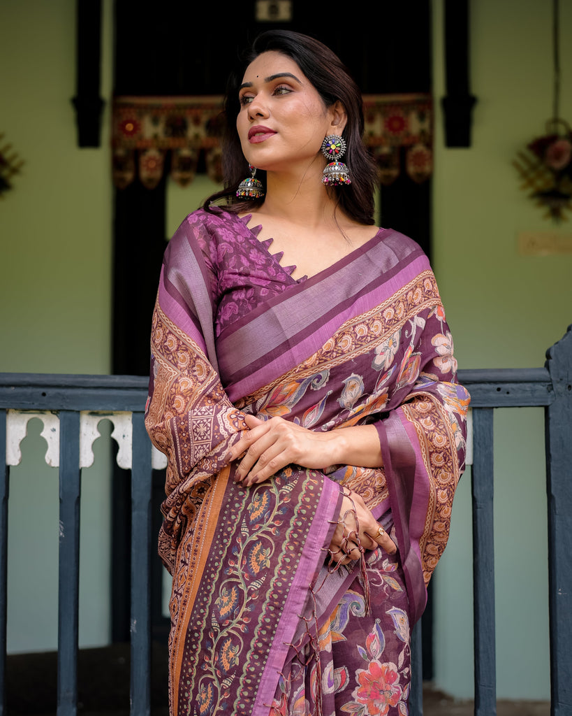 Purple Floral Printed Pure Cotton Linen Saree with Blouse and Tassels LINEN
