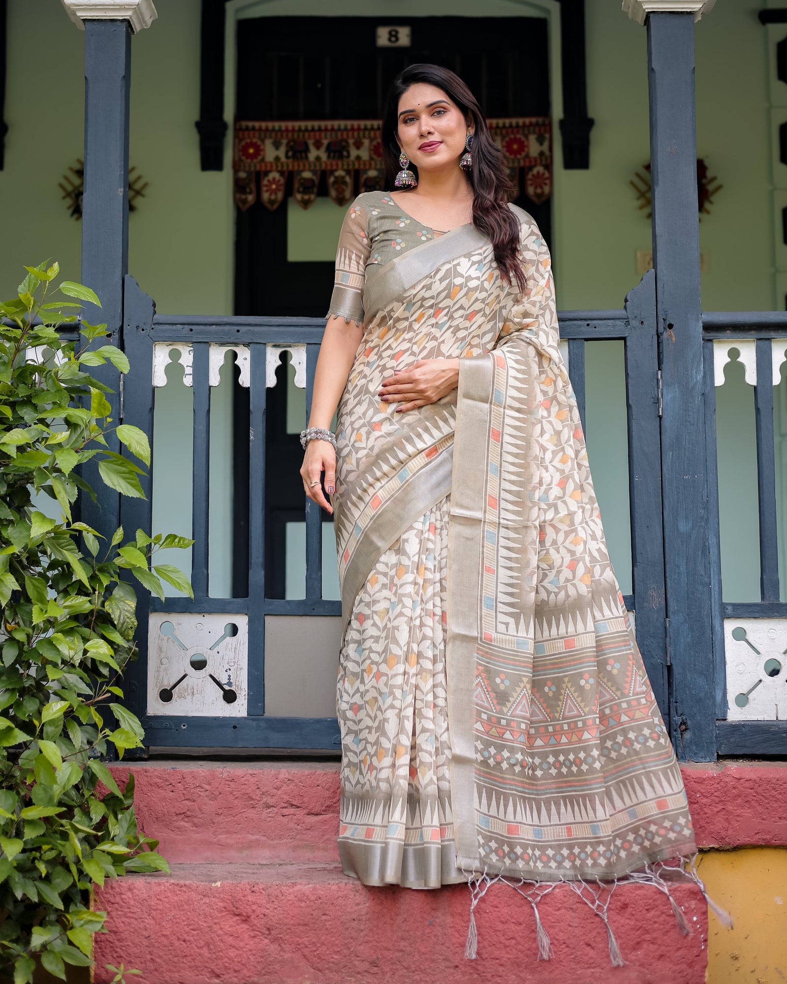 Beige Pure Cotton Linen Saree with Geometric and Leaf Pattern, Blouse, and Tassels LINEN