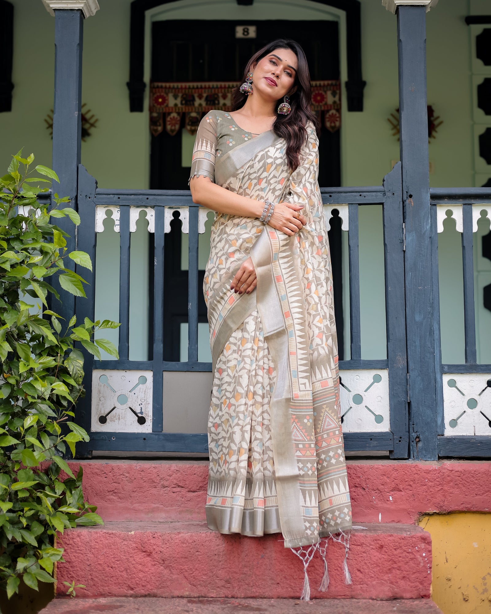 Beige Pure Cotton Linen Saree with Geometric and Leaf Pattern, Blouse, and Tassels LINEN