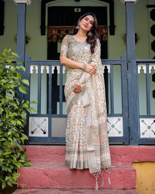 Beige Pure Cotton Linen Saree with Geometric and Leaf Pattern, Blouse, and Tassels LINEN