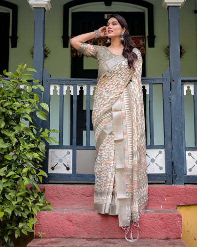 Beige Pure Cotton Linen Saree with Geometric and Leaf Pattern, Blouse, and Tassels LINEN