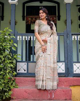 Beige Pure Cotton Linen Saree with Geometric and Leaf Pattern, Blouse, and Tassels LINEN