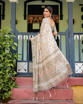 Beige Pure Cotton Linen Saree with Geometric and Leaf Pattern, Blouse, and Tassels LINEN