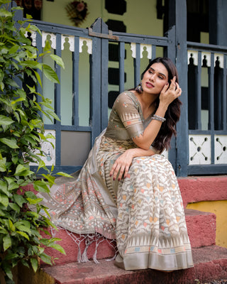 Beige Pure Cotton Linen Saree with Geometric and Leaf Pattern, Blouse, and Tassels LINEN