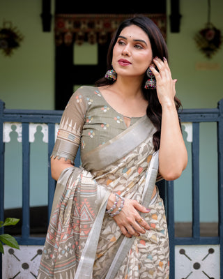 Beige Pure Cotton Linen Saree with Geometric and Leaf Pattern, Blouse, and Tassels LINEN