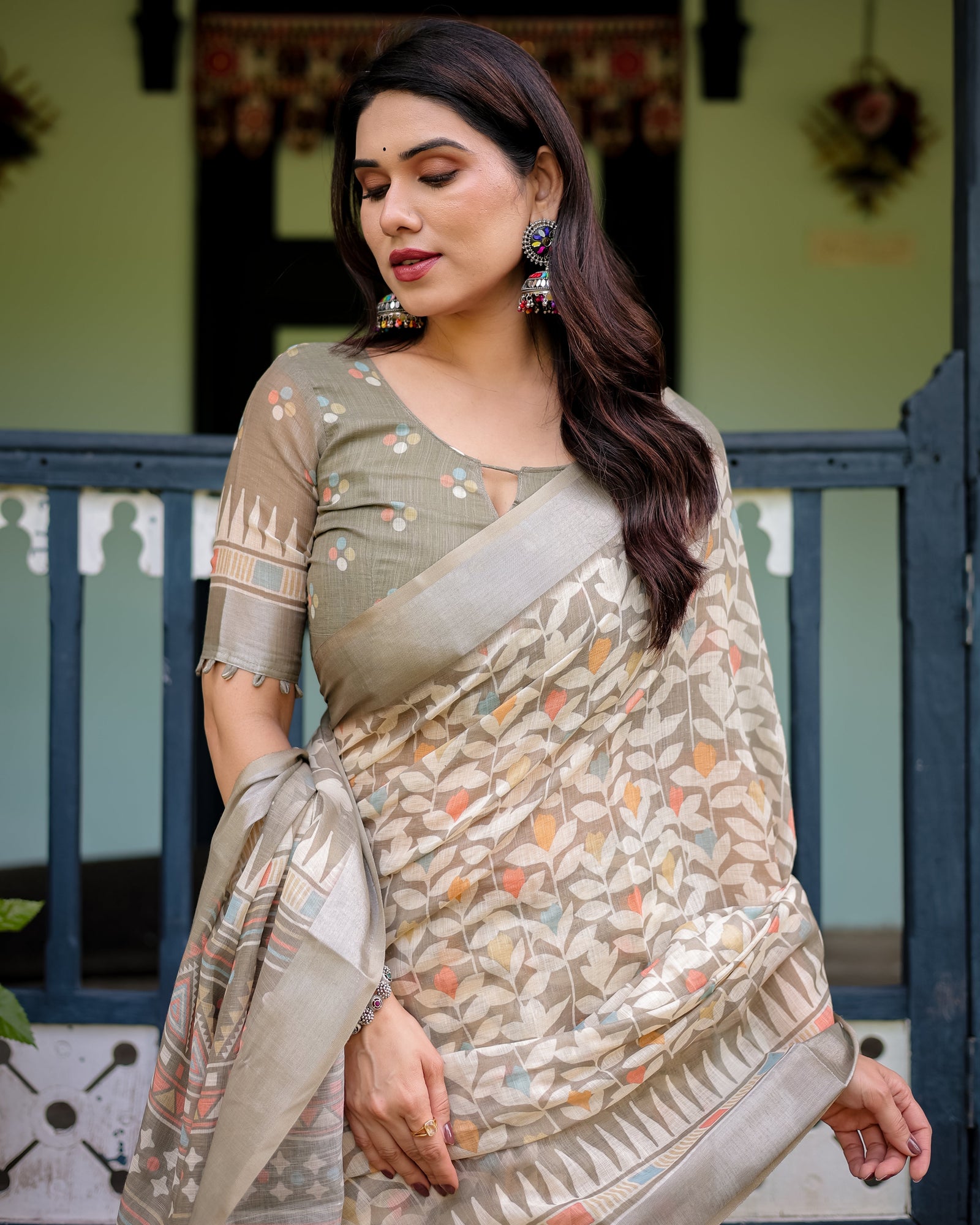 Beige Pure Cotton Linen Saree with Geometric and Leaf Pattern, Blouse, and Tassels LINEN