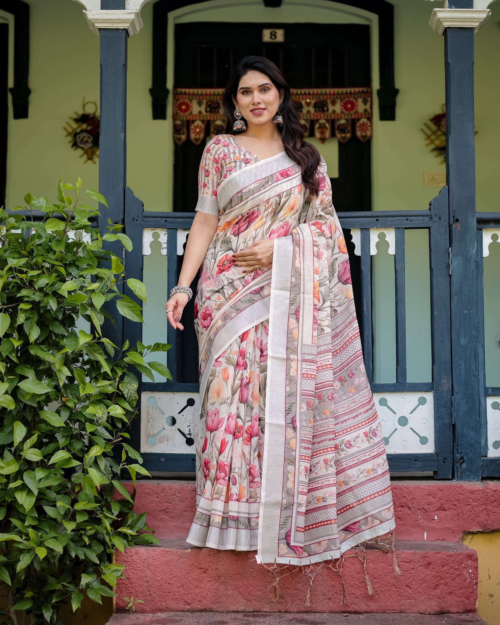 Elegant Floral Print Pure Cotton Linen Saree in Ivory with Multi-Color Florals and Tassels LINEN