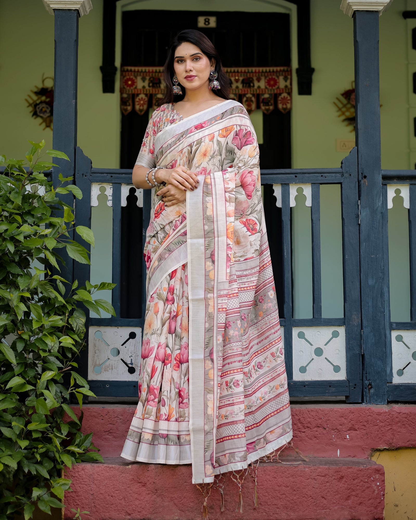Elegant Floral Print Pure Cotton Linen Saree in Ivory with Multi-Color Florals and Tassels LINEN