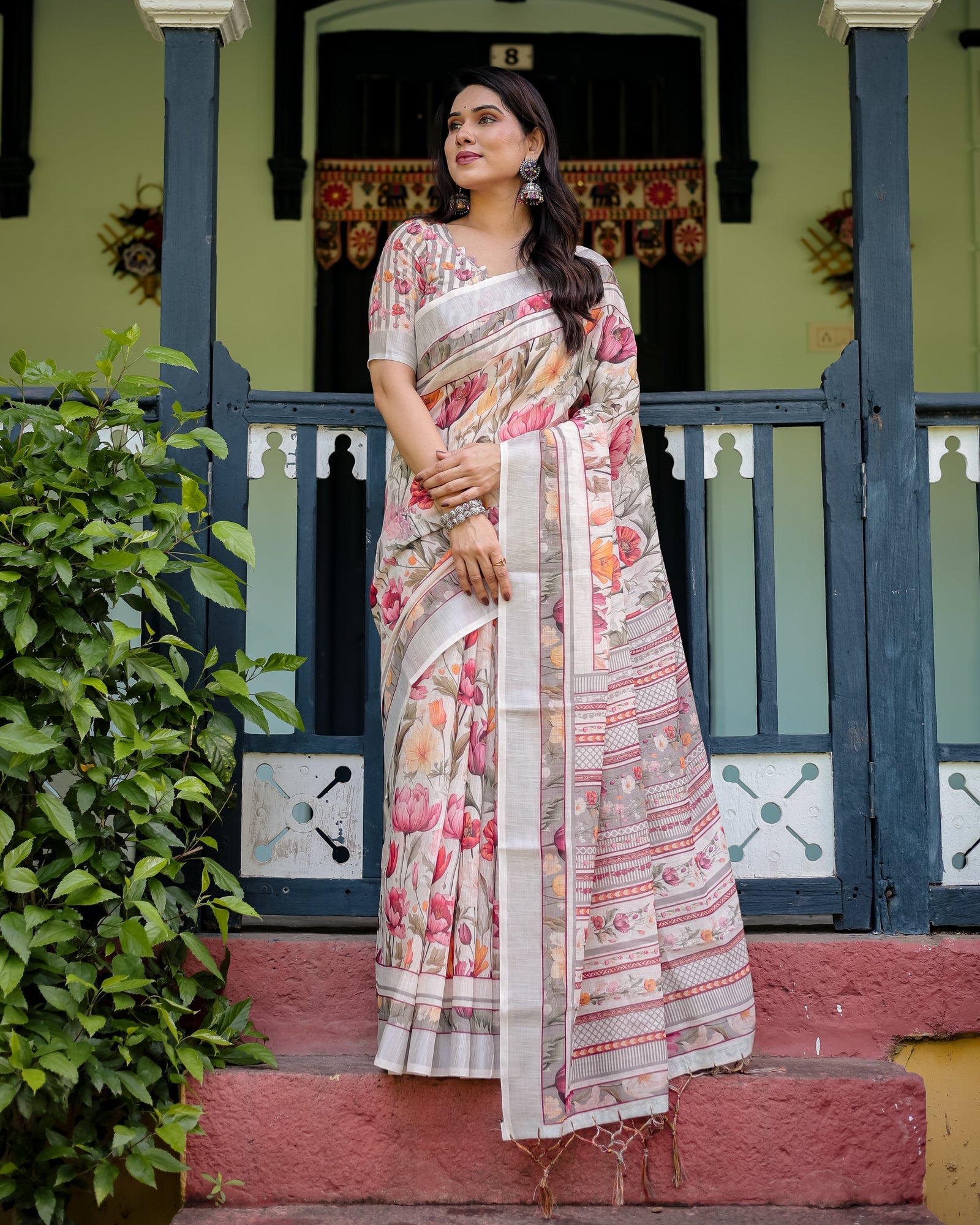Elegant Floral Print Pure Cotton Linen Saree in Ivory with Multi-Color Florals and Tassels LINEN