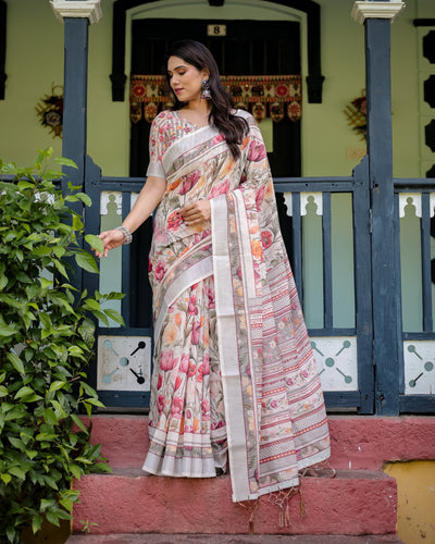 Elegant Floral Print Pure Cotton Linen Saree in Ivory with Multi-Color Florals and Tassels LINEN