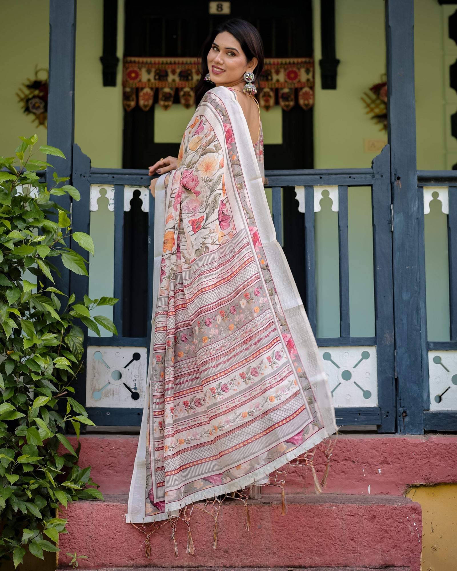 Elegant Floral Print Pure Cotton Linen Saree in Ivory with Multi-Color Florals and Tassels LINEN