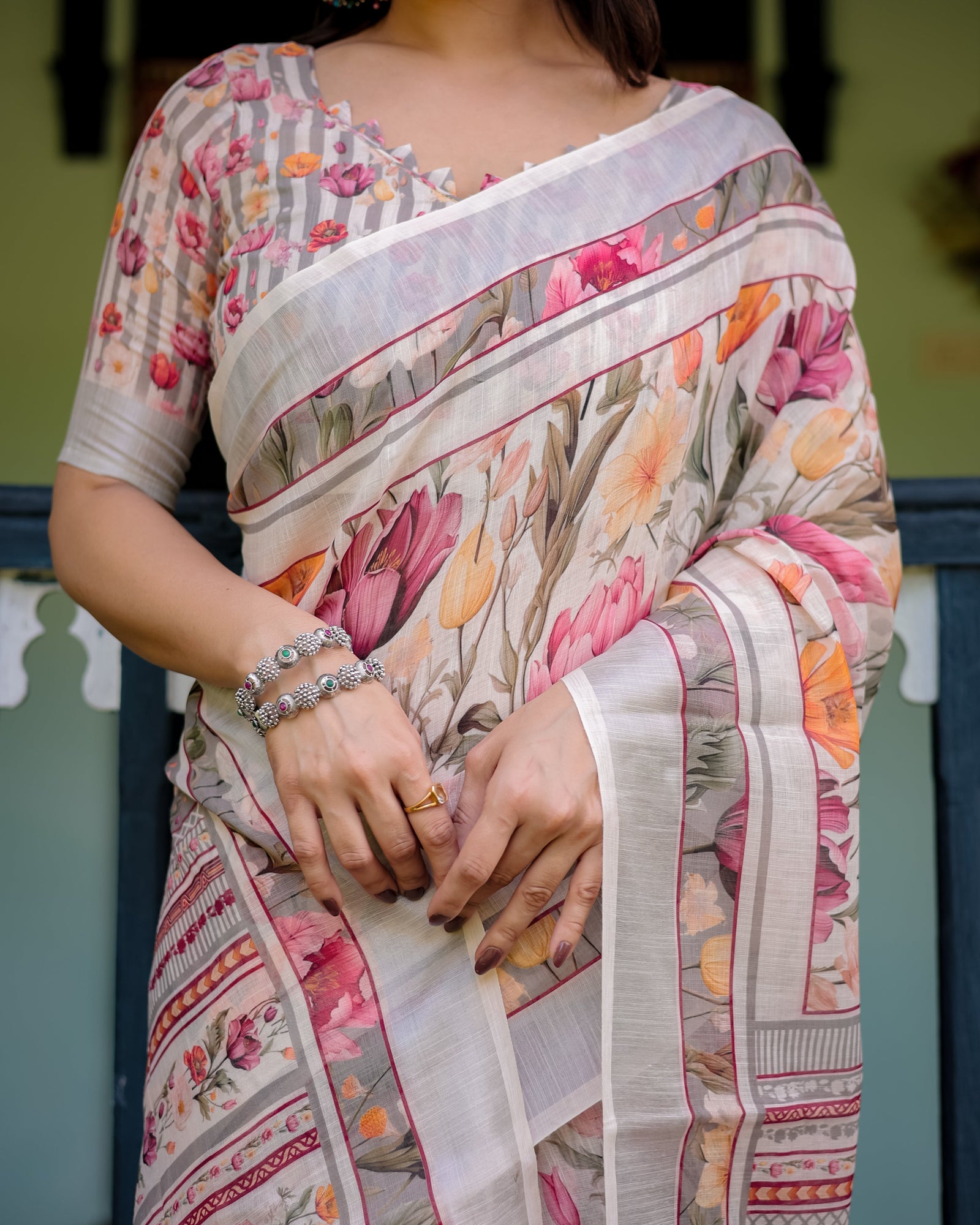 Elegant Floral Print Pure Cotton Linen Saree in Ivory with Multi-Color Florals and Tassels LINEN