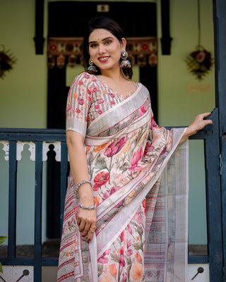 Elegant Floral Print Pure Cotton Linen Saree in Ivory with Multi-Color Florals and Tassels LINEN