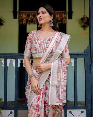 Elegant Floral Print Pure Cotton Linen Saree in Ivory with Multi-Color Florals and Tassels LINEN