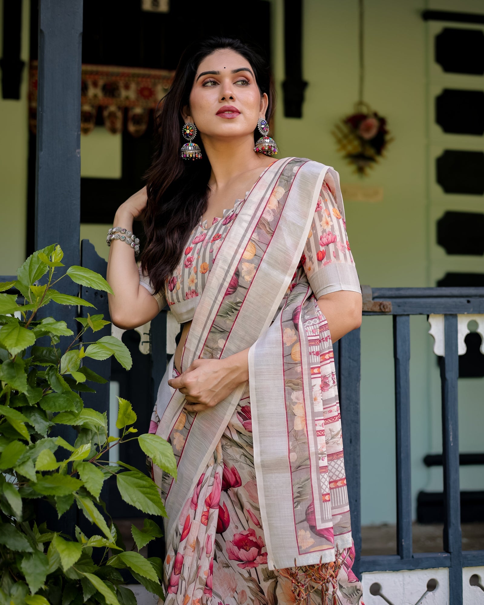 Elegant Floral Print Pure Cotton Linen Saree in Ivory with Multi-Color Florals and Tassels LINEN