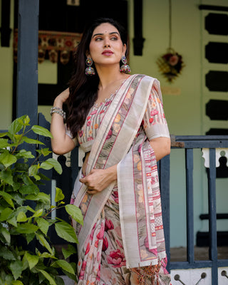 Elegant Floral Print Pure Cotton Linen Saree in Ivory with Multi-Color Florals and Tassels LINEN