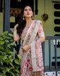 Load image into Gallery viewer, Elegant Floral Print Pure Cotton Linen Saree in Ivory with Multi-Color Florals and Tassels LINEN