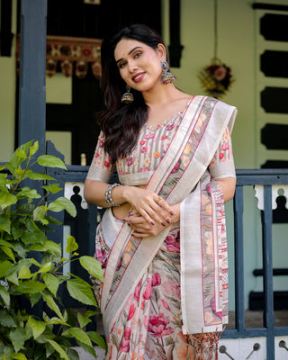 Elegant Floral Print Pure Cotton Linen Saree in Ivory with Multi-Color Florals and Tassels LINEN