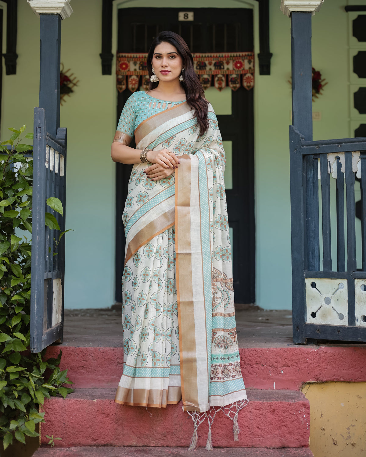Beige With Aqua Pure Cotton Linen Saree with Geometric Floral Design and Tassels on Edges LINEN Main image