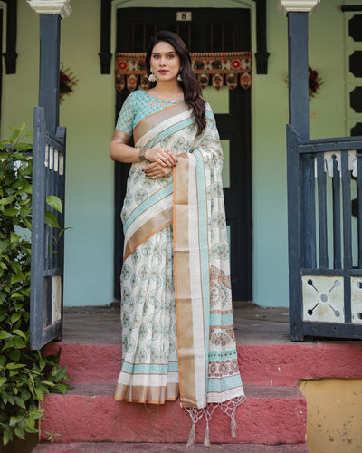 Beige With Aqua Pure Cotton Linen Saree with Geometric Floral Design and Tassels on Edges LINEN