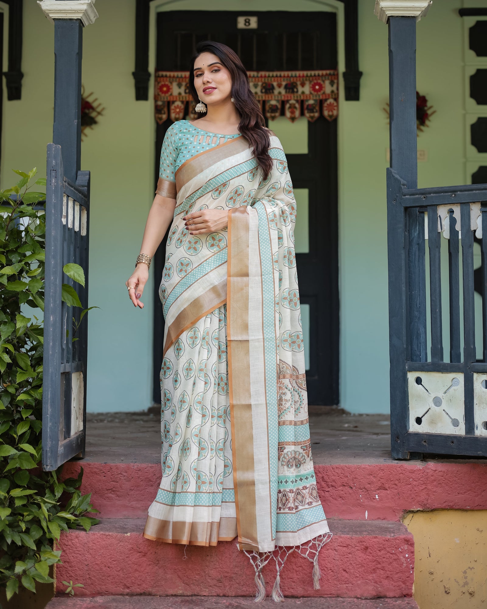 Beige With Aqua Pure Cotton Linen Saree with Geometric Floral Design and Tassels on Edges LINEN