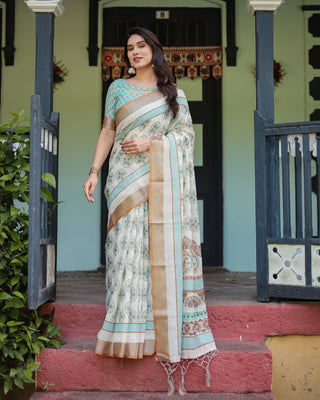 Beige With Aqua Pure Cotton Linen Saree with Geometric Floral Design and Tassels on Edges LINEN