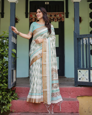 Beige With Aqua Pure Cotton Linen Saree with Geometric Floral Design and Tassels on Edges LINEN